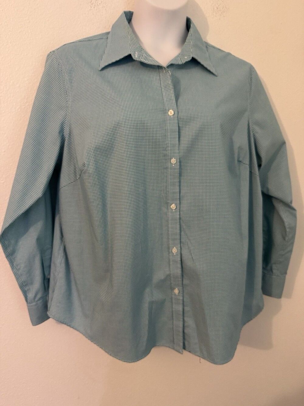 Chaps Ralph Lauren Button Up Blouse No Iron 2X Green White Gingham Long Sleeve